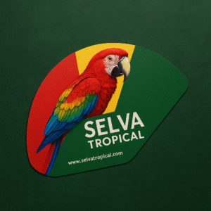Abanicos de cartón personalizados con diseño tropical de guacamaya en colores rojo, amarillo y verde, sobre fondo verde oscuro, ideales para eventos y promociones de marca.